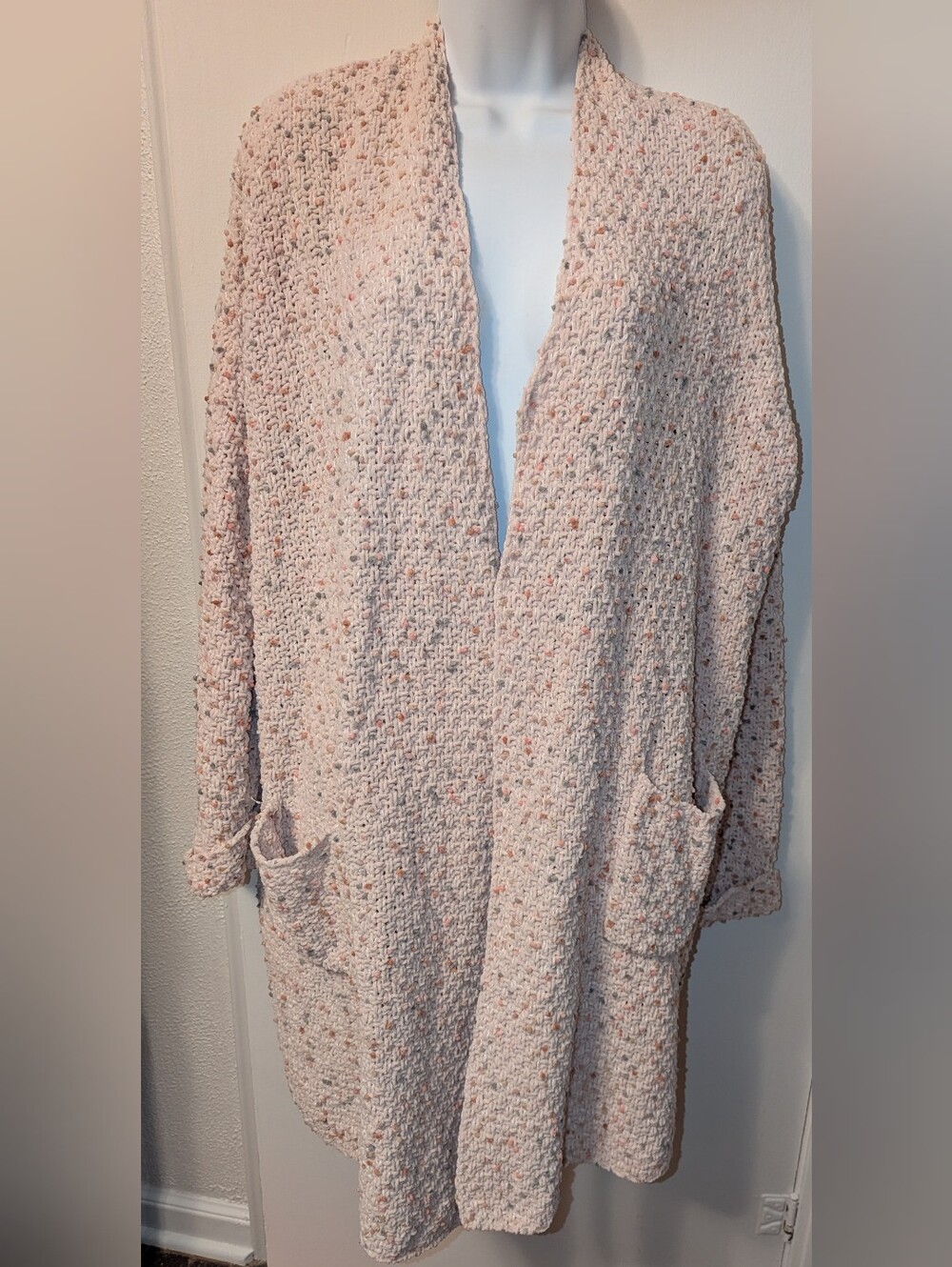 POL Open Knit Cardigan front pockets women's size Large confetti design cream HS